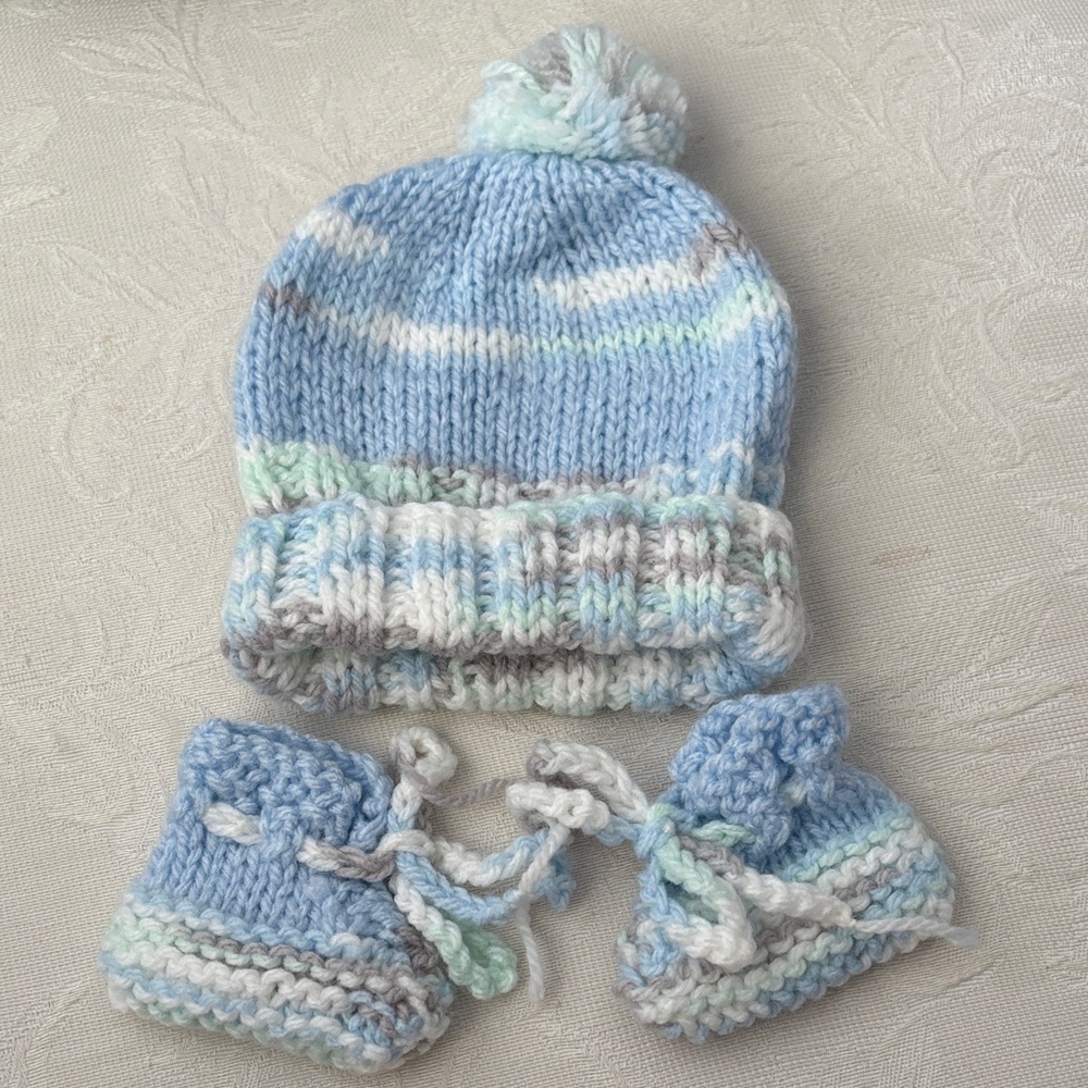 Cozy Blue Knit Baby Hat and Booties Set